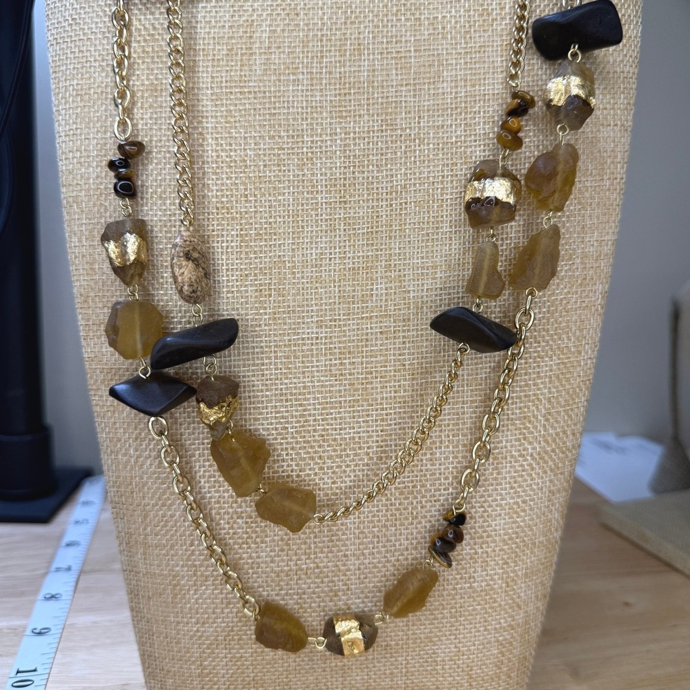 Boho Western Bohemian Festival Layered Long Necklace LOFT Gold Tone Stone Amber